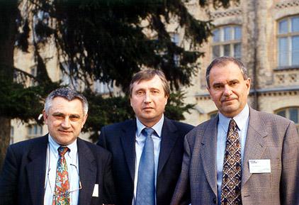 Key persons of the Programme Committee in front of the main building of NTUU 'KPI': Prof. J. Bonnin (France), Prof. Acad. M. Zgurovsky (Ukraine), 

   Prof. A. Gvishiani (Russia)